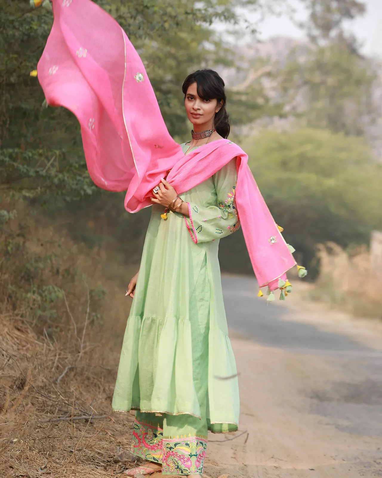 Bagh Mint Green Front Panel Puckering Set