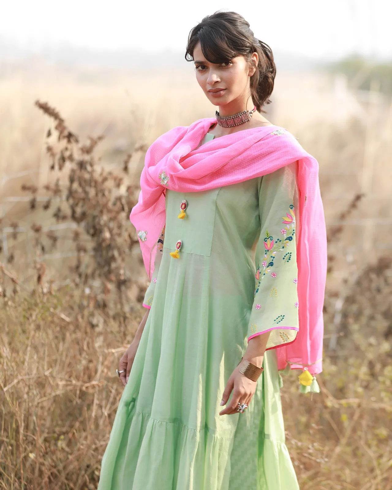 Bagh Mint Green Front Panel Puckering Set