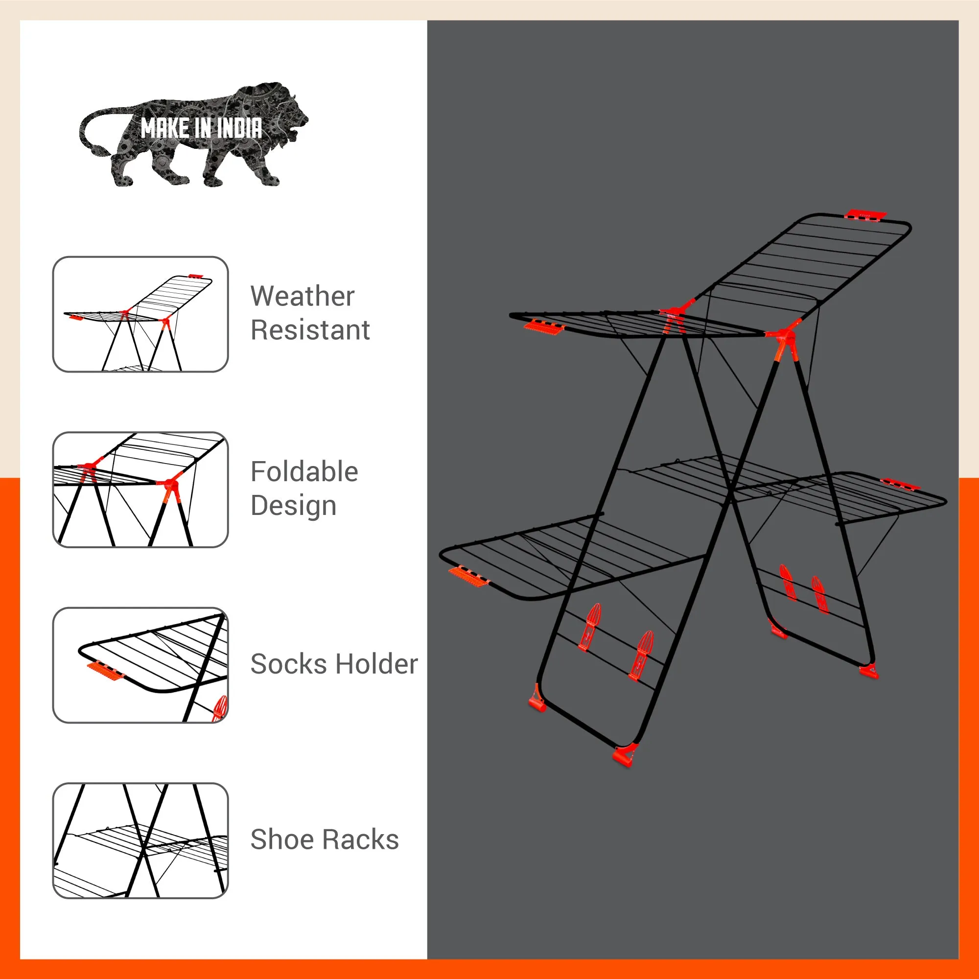 Bathla Mobidry Apollo 2 Level Foldable Cloth Drying Stand For Home - XL (Black & Red)