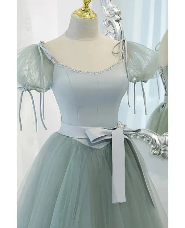 Luolandi Unique and elegant mint green square neck fluffy short sleeved ball dress with backless strap bow belt and floor length prom dress