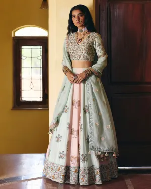 Pink & Mint Embroidered Lehenga Set