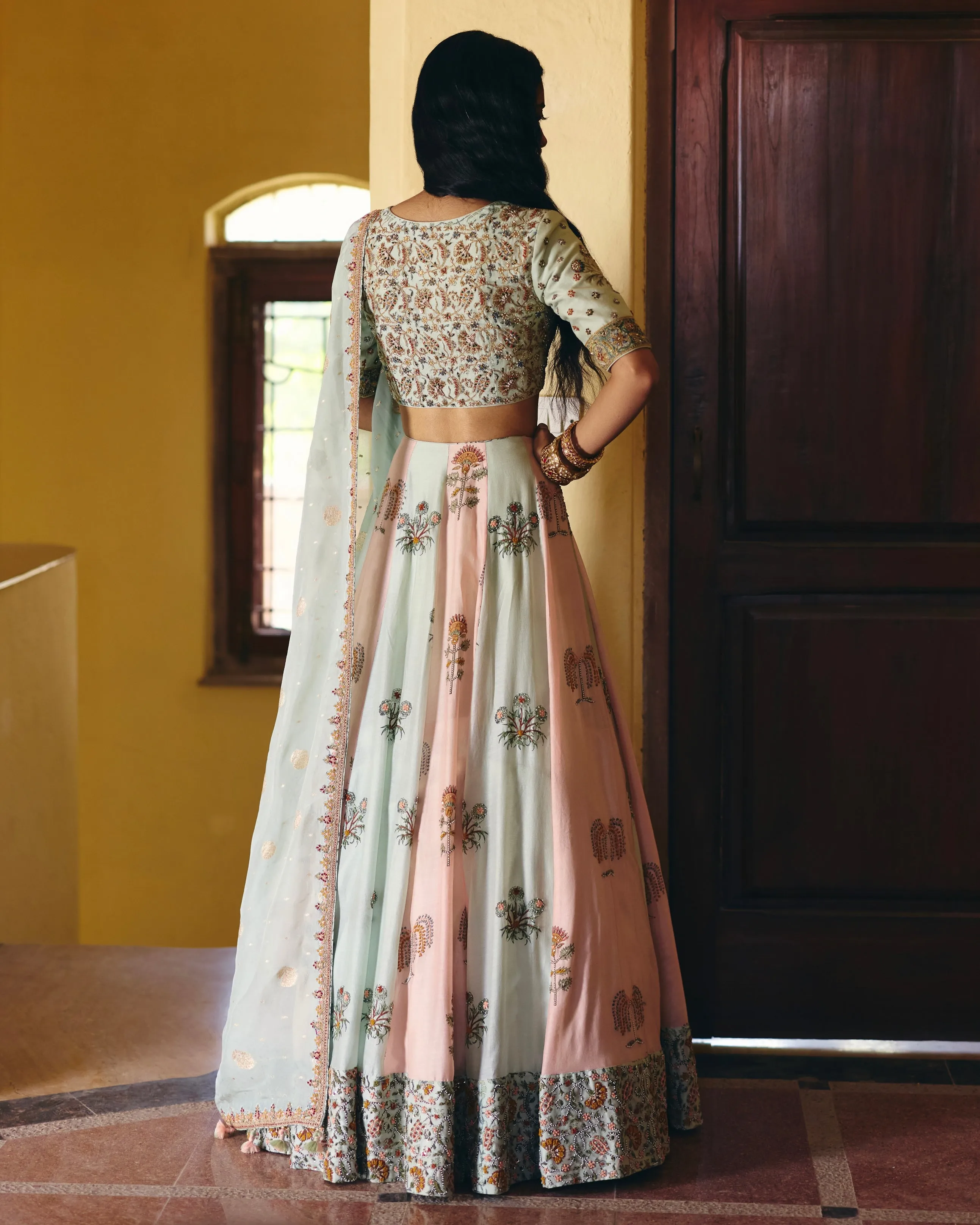 Pink & Mint Embroidered Lehenga Set